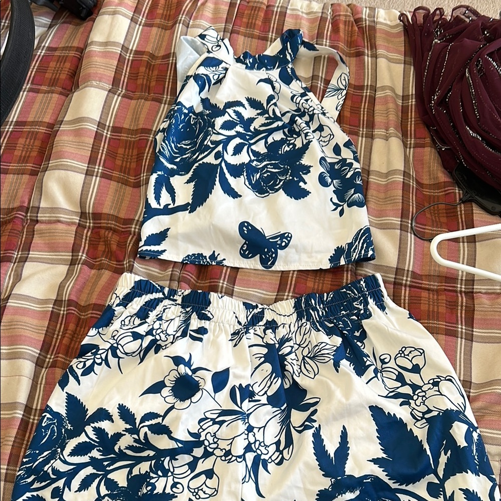 Floral Two-Piece Set in Blue and White